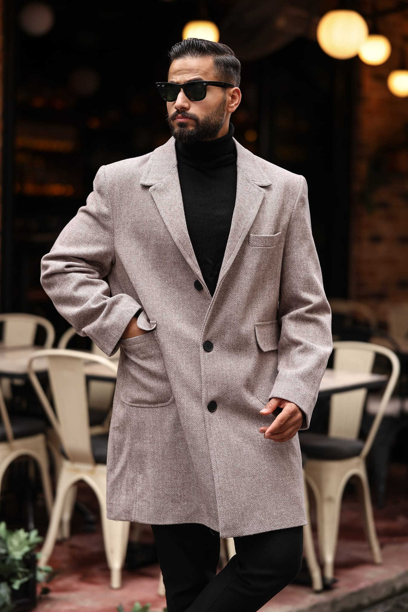 Torba cep Desenli Bej Erkek Kaşe Kaban - Kod : 2506