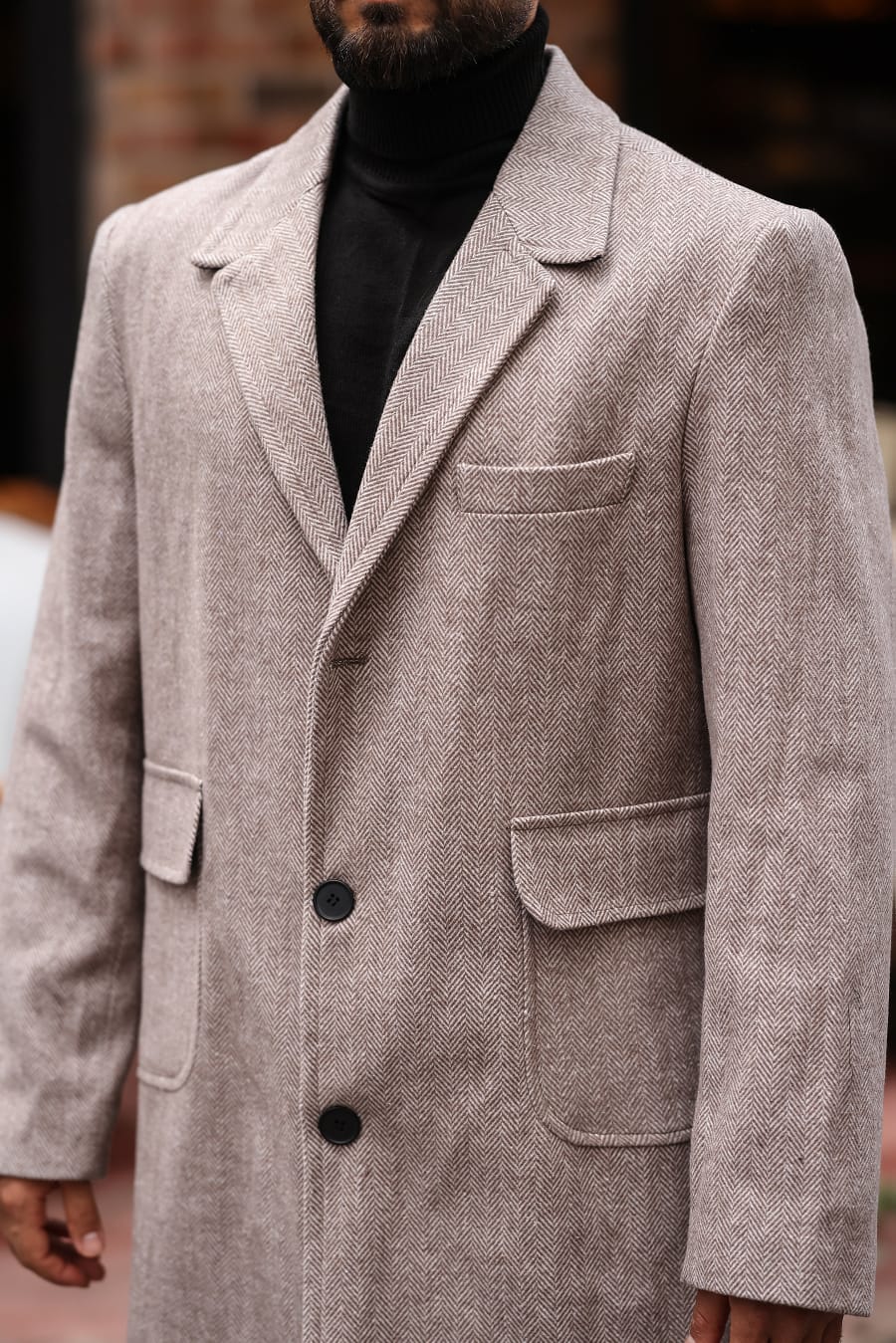 Torba cep Desenli Bej Erkek Kaşe Kaban - Kod : 2506