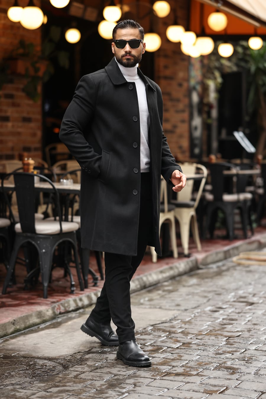 Siyah Erkek Modern Fit Kaşe Kaban - Kod : 2505