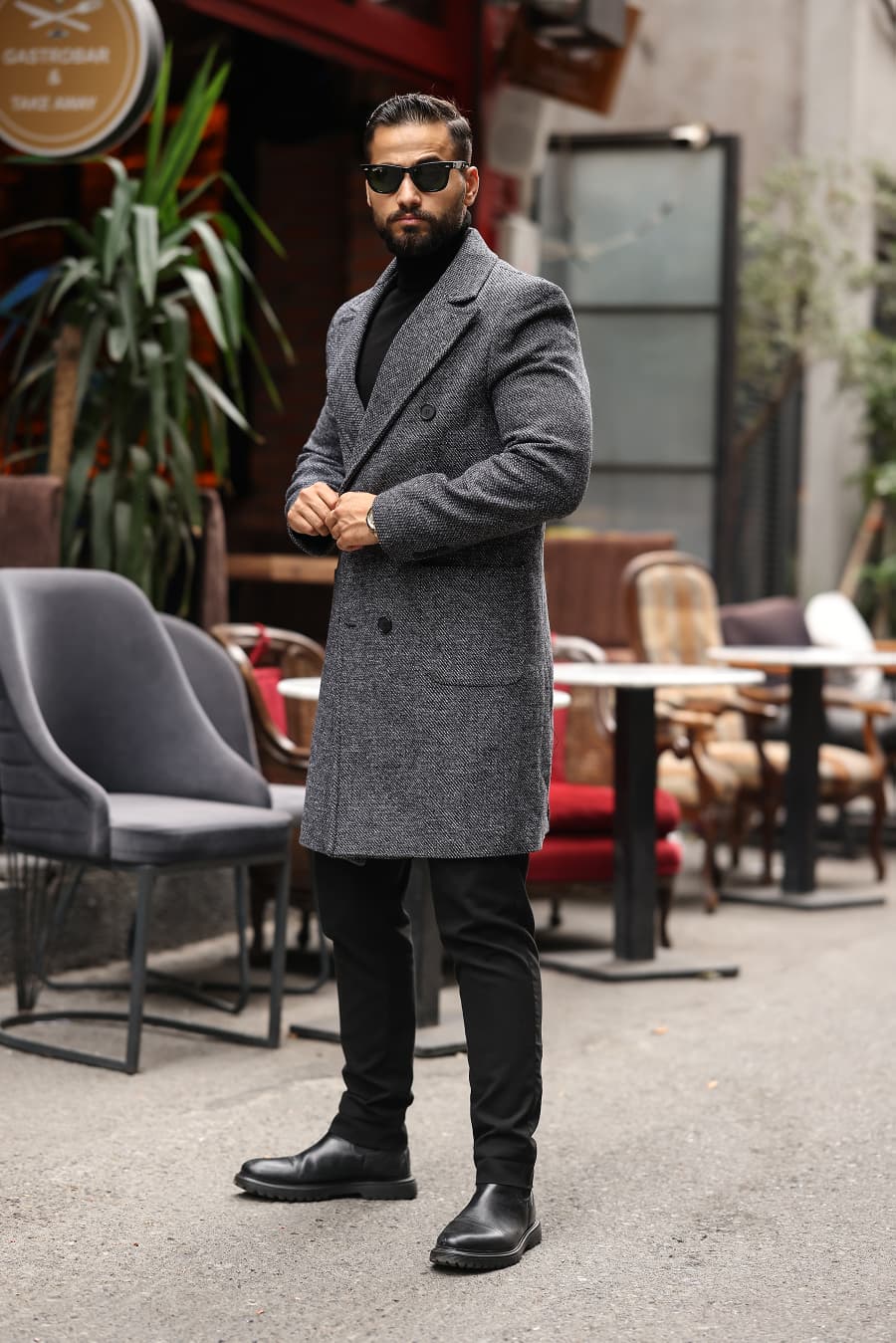 Gri renk  Kuşgözü desenli Erkek Kaşe Kaban - Kod : 2503