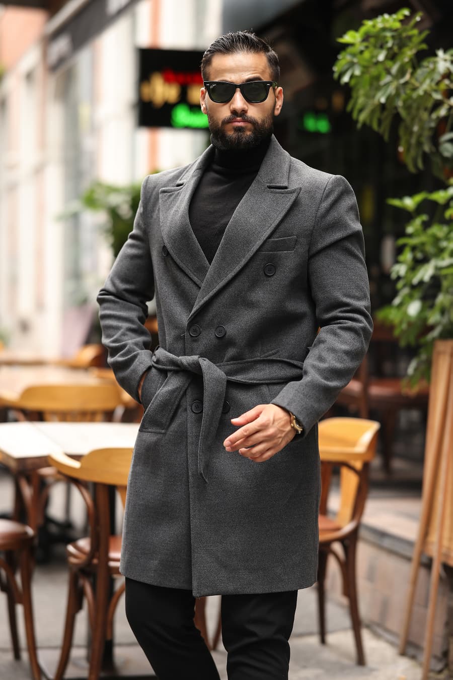 Koyu Gri Kemerli Erkek Modern Fit Kaşe Kaban - Kod : 2504