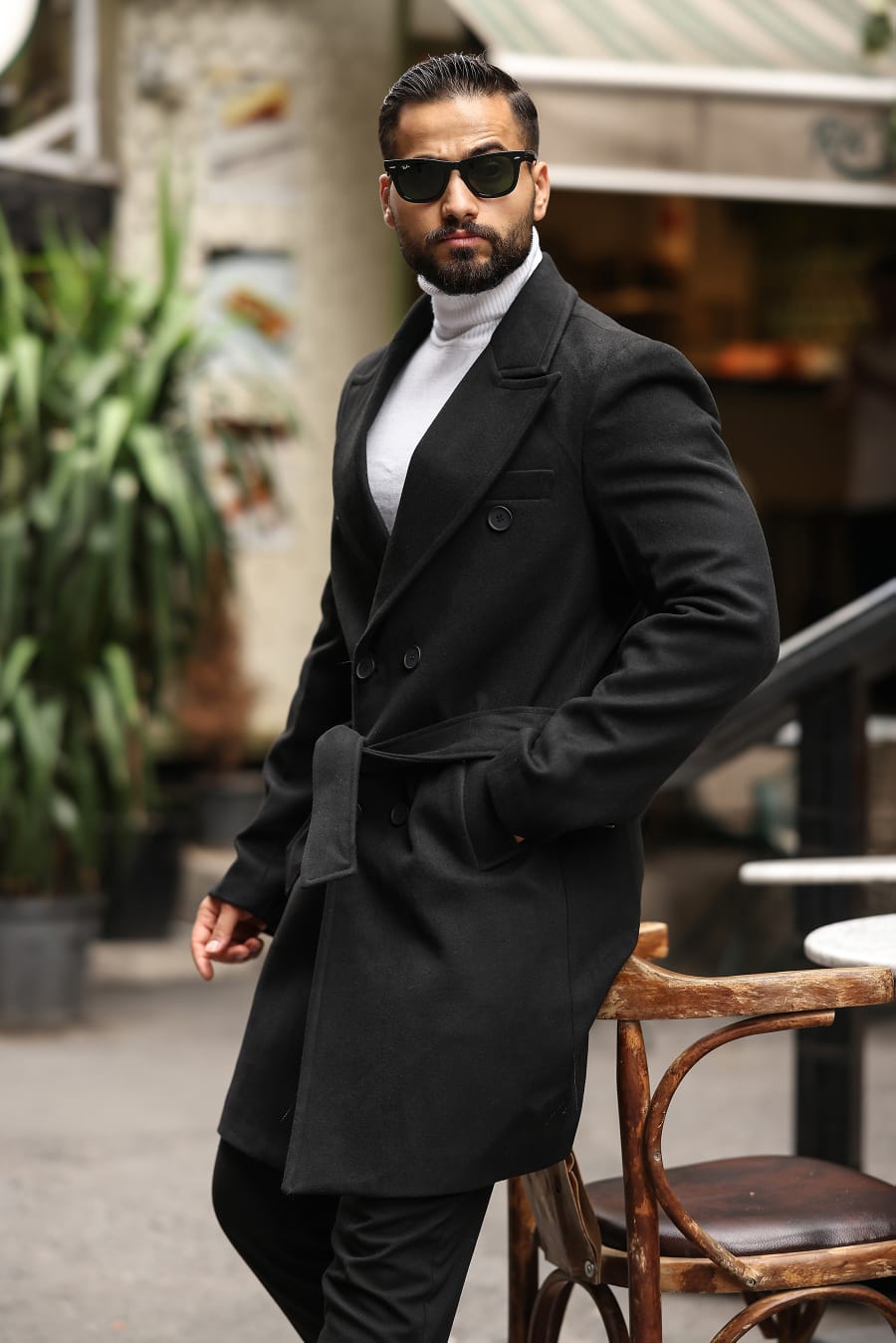 Siyah Kemerli Erkek Modern Fit Kaşe Kaban - Kod : 2504