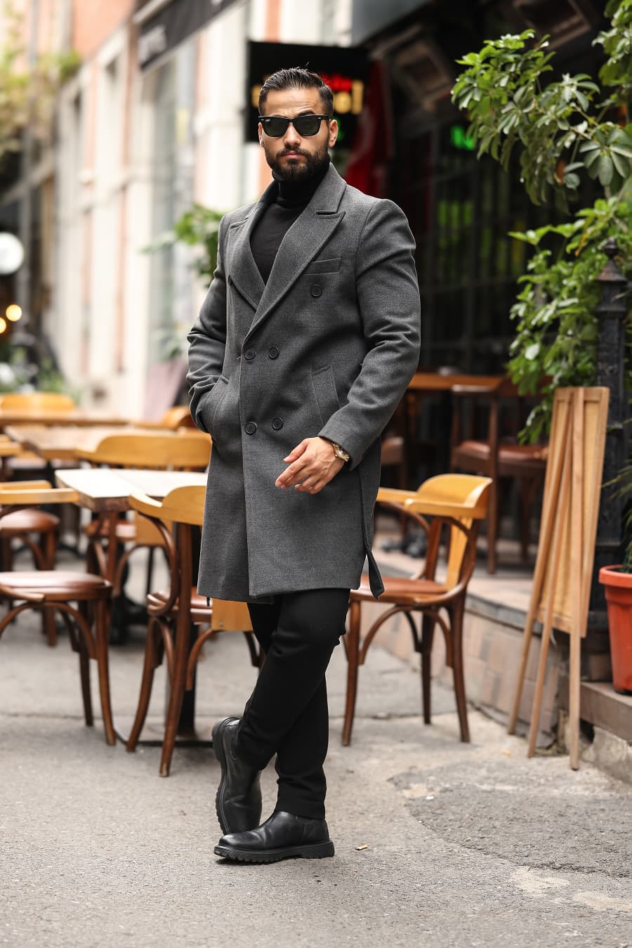 Koyu Gri Kemerli Erkek Modern Fit Kaşe Kaban - Kod : 2504