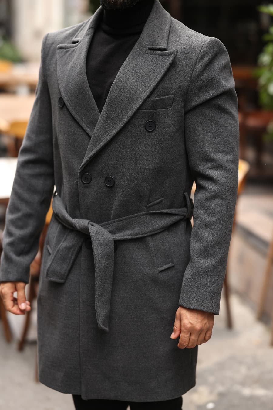 Koyu Gri Kemerli Erkek Modern Fit Kaşe Kaban - Kod : 2504