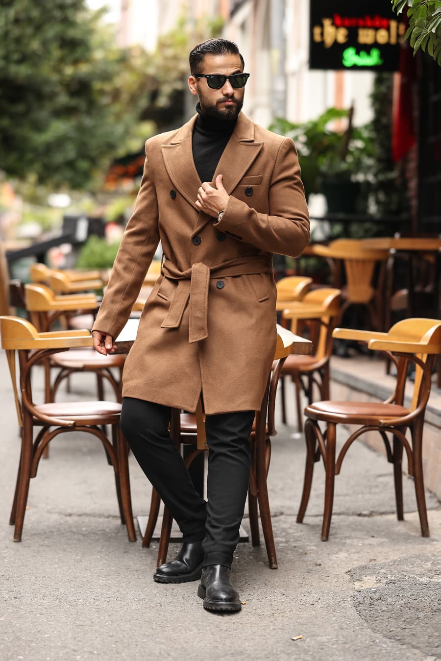 Taba Kemerli Erkek Modern Fit Kaşe Kaban - Kod : 2504