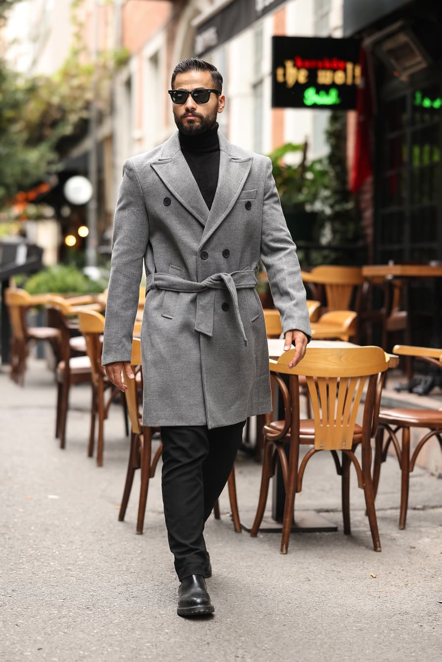 Gri Kemerli Erkek Modern Fit Kaşe Kaban - Kod : 2504