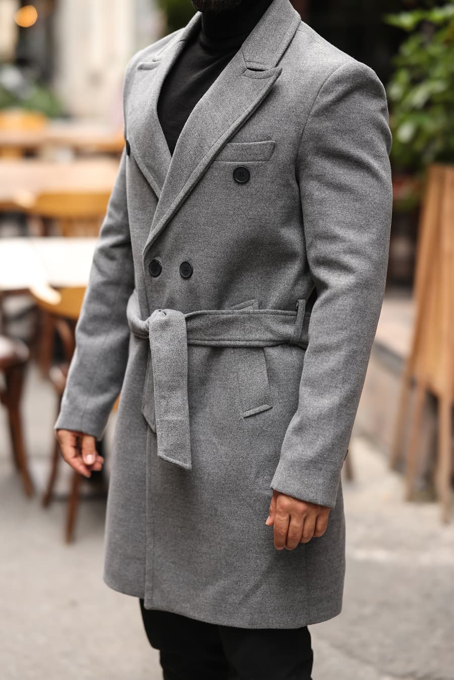 Gri Kemerli Erkek Modern Fit Kaşe Kaban - Kod : 2504