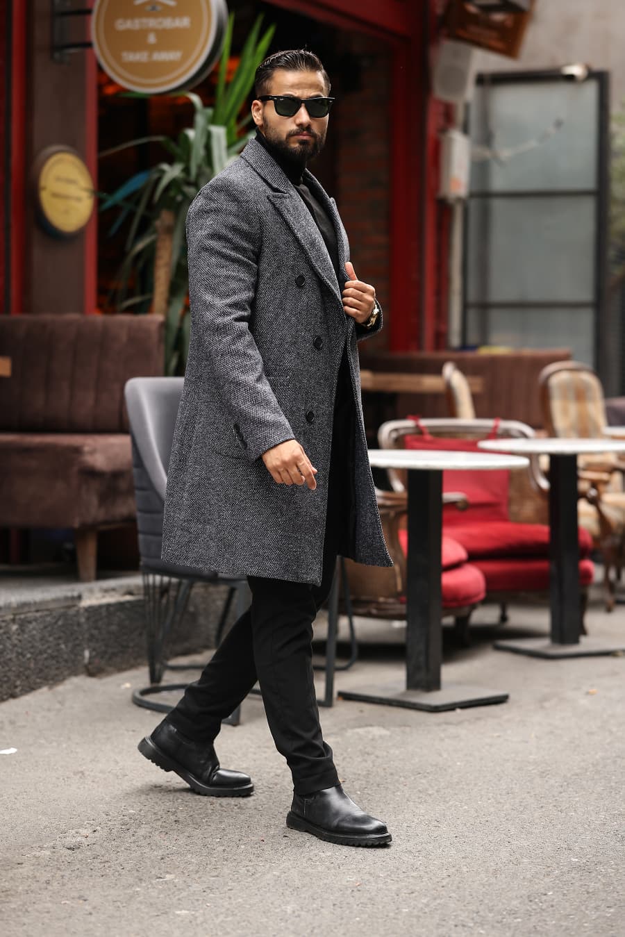 Gri renk  Kuşgözü desenli Erkek Kaşe Kaban - Kod : 2503