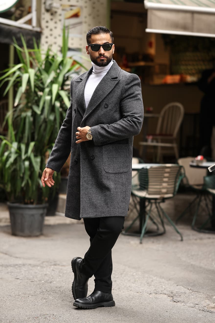 Gri renk  Kuşgözü desenli Erkek Kaşe Kaban - Kod : 2503