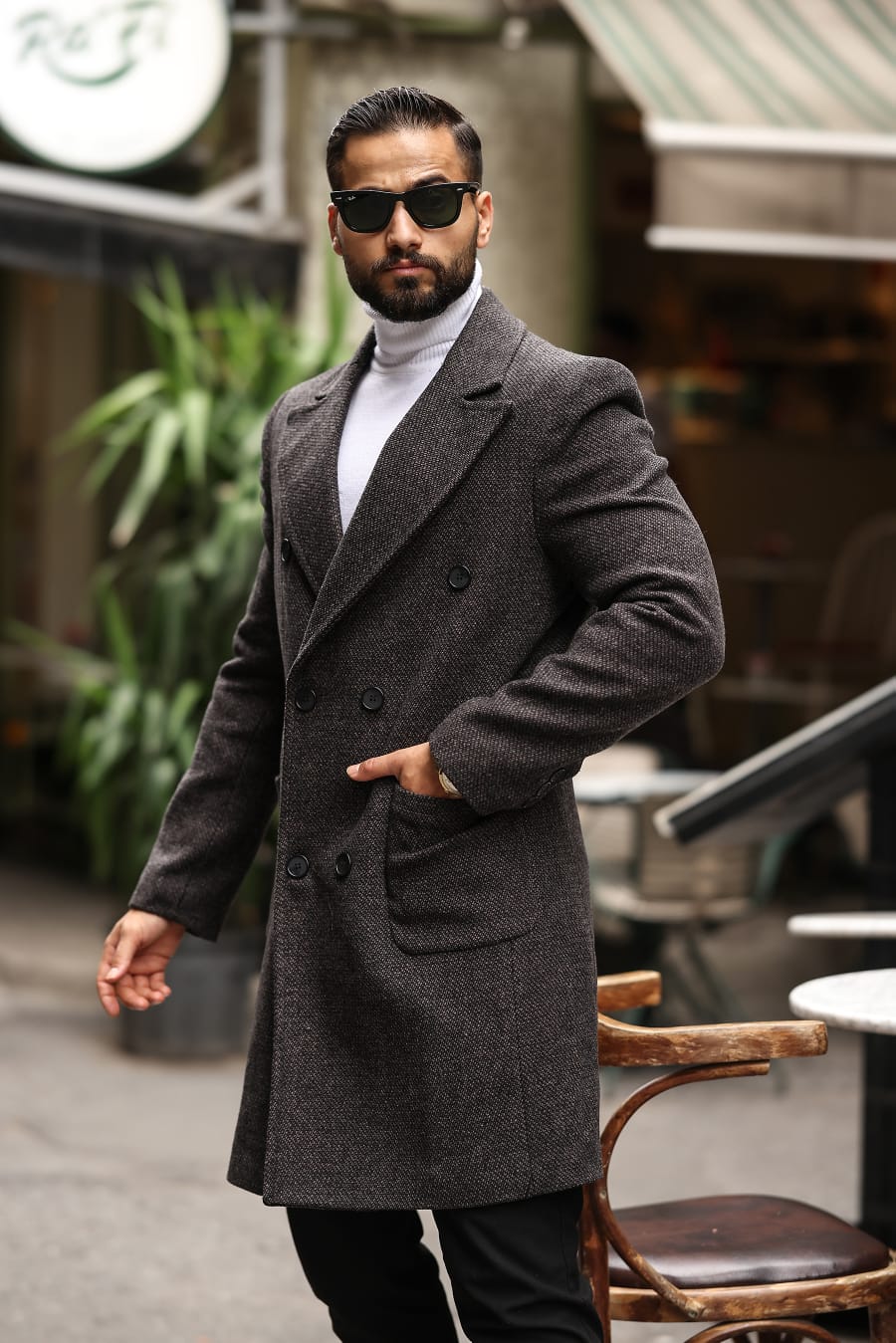 Bej renk Kuş gözü desenli Erkek Kaşe Kaban - Kod : 2503