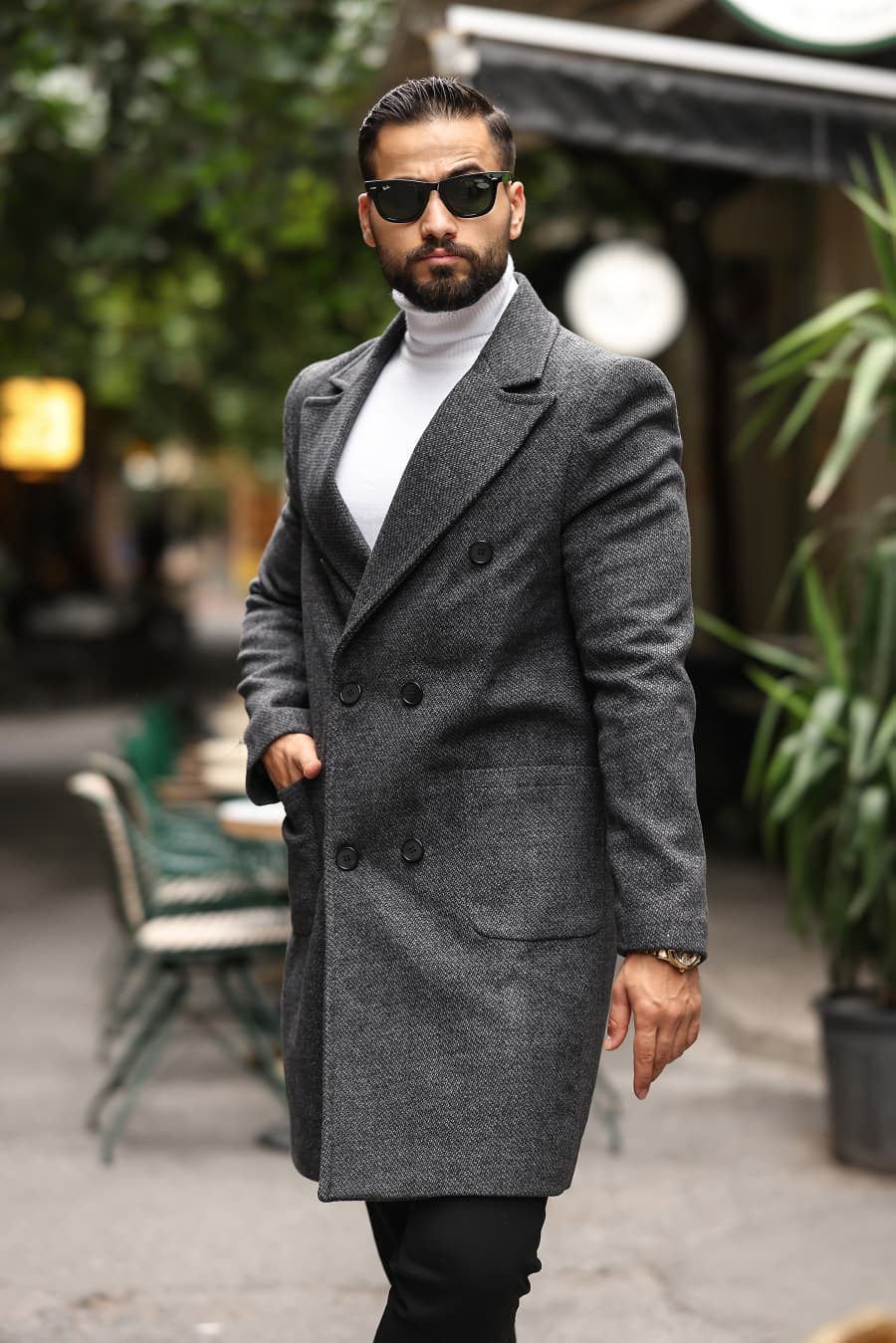 Antrasit renk Kuşgözü desenli Erkek Kaşe Kaban - Kod : 2503