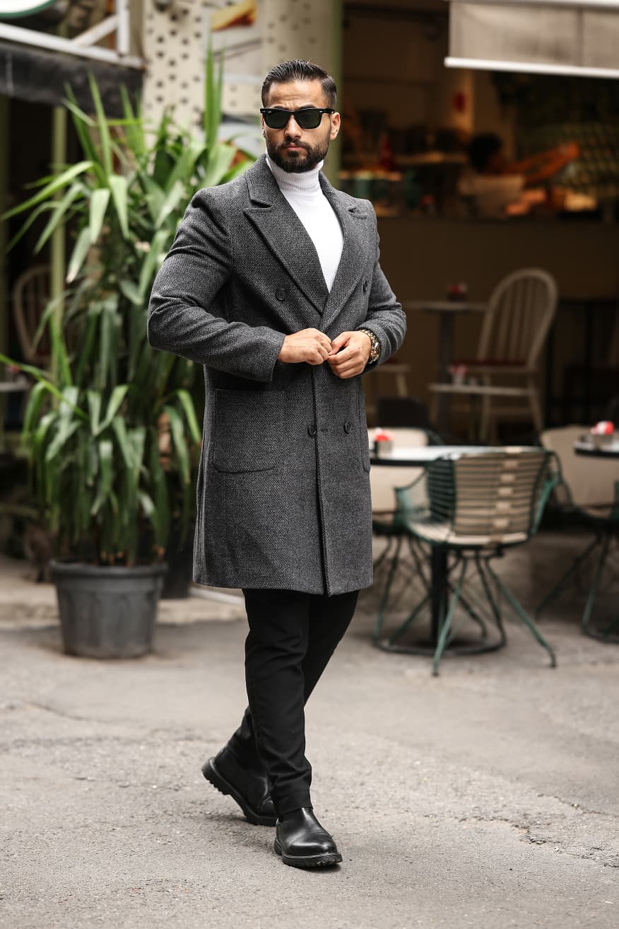 Antrasit renk Kuşgözü desenli Erkek Kaşe Kaban - Kod : 2503