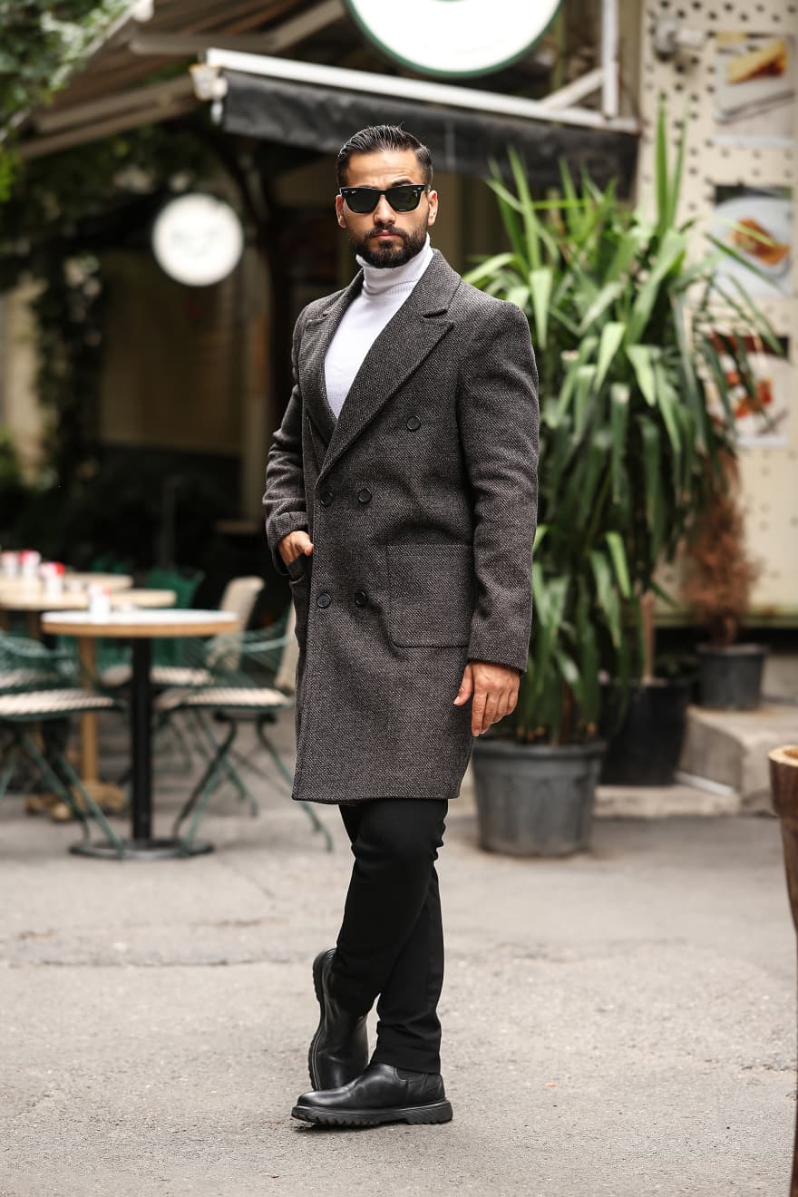 Bej renk Kuş gözü desenli Erkek Kaşe Kaban - Kod : 2503