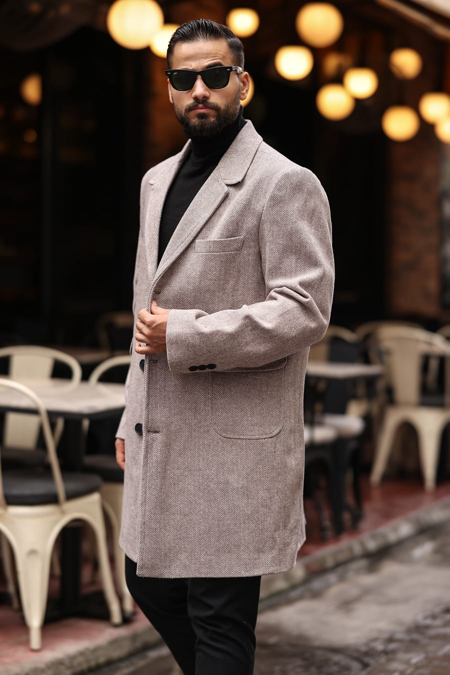 Torba cep Desenli Bej Erkek Kaşe Kaban - Kod : 2506