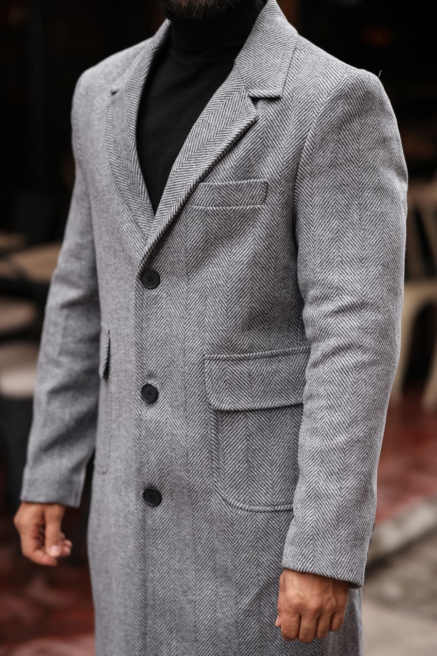 Torba cep Desenli Gri Erkek Kaşe Kaban - Kod : 2506