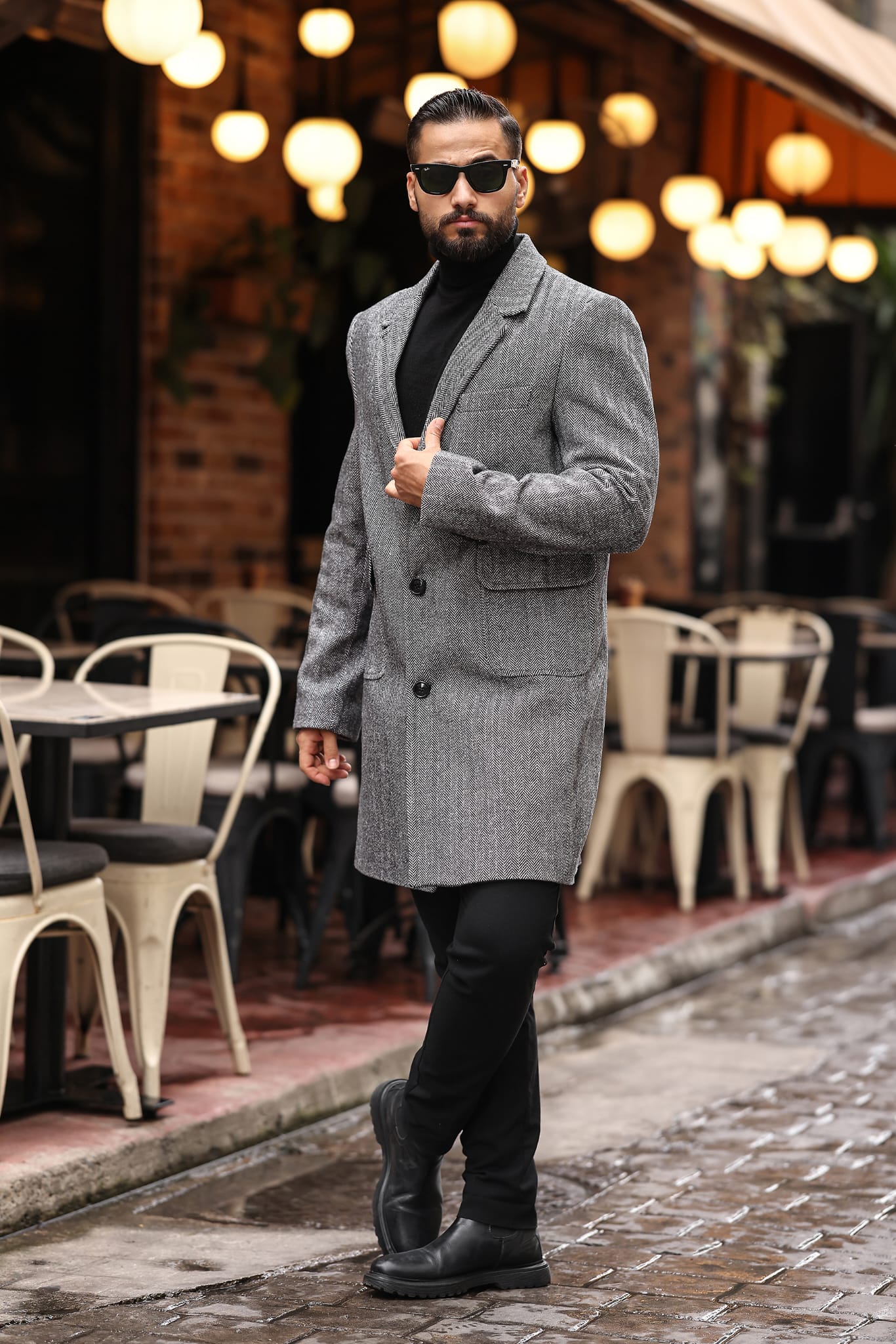 Torba cep Desenli Kahve renk Erkek Kaşe Kaban - Kod : 2506