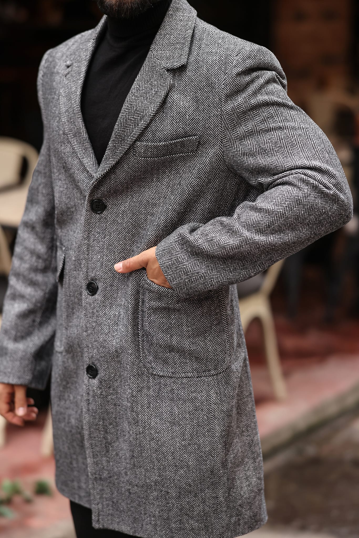 Torba cep Desenli Kahve renk Erkek Kaşe Kaban - Kod : 2506