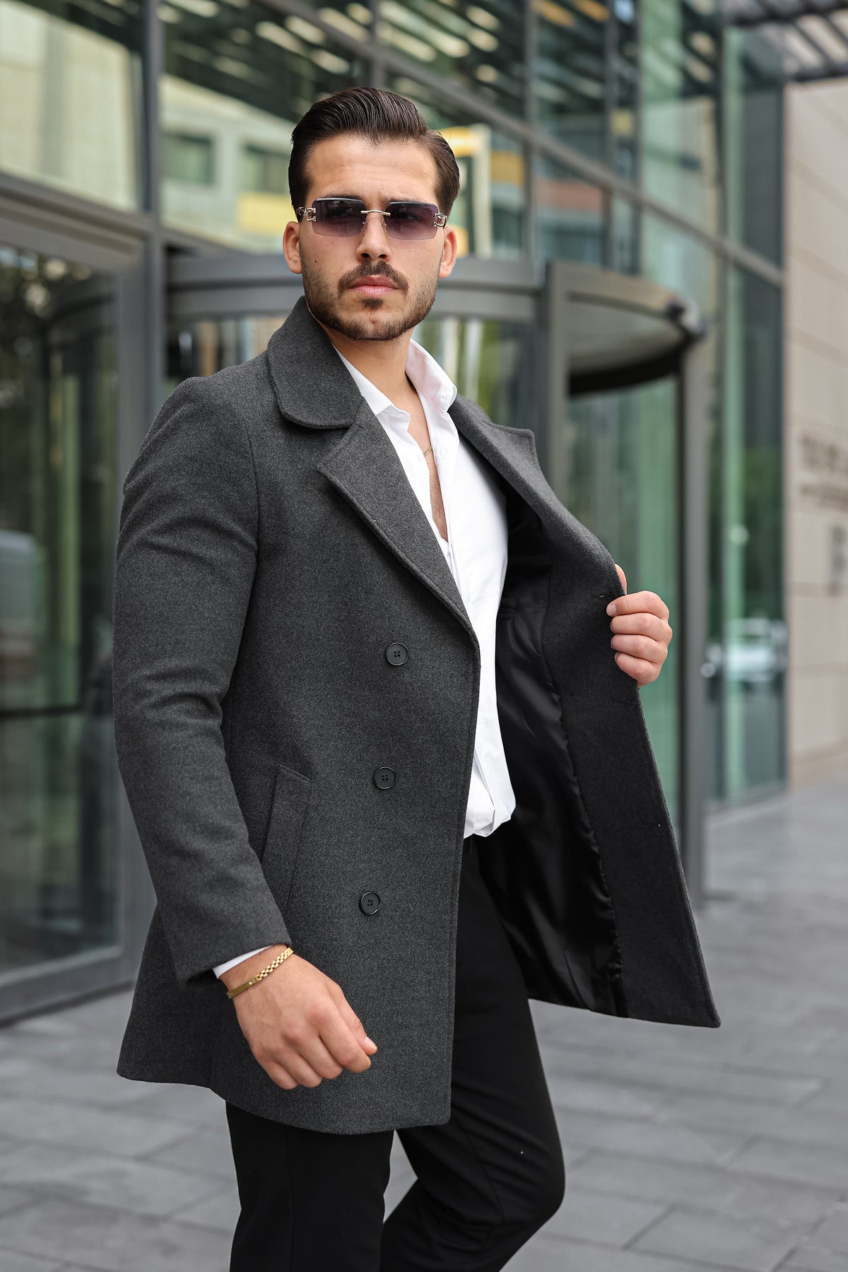 Füme Erkek Kruvaze Kaşe Kaban - Kod:2511