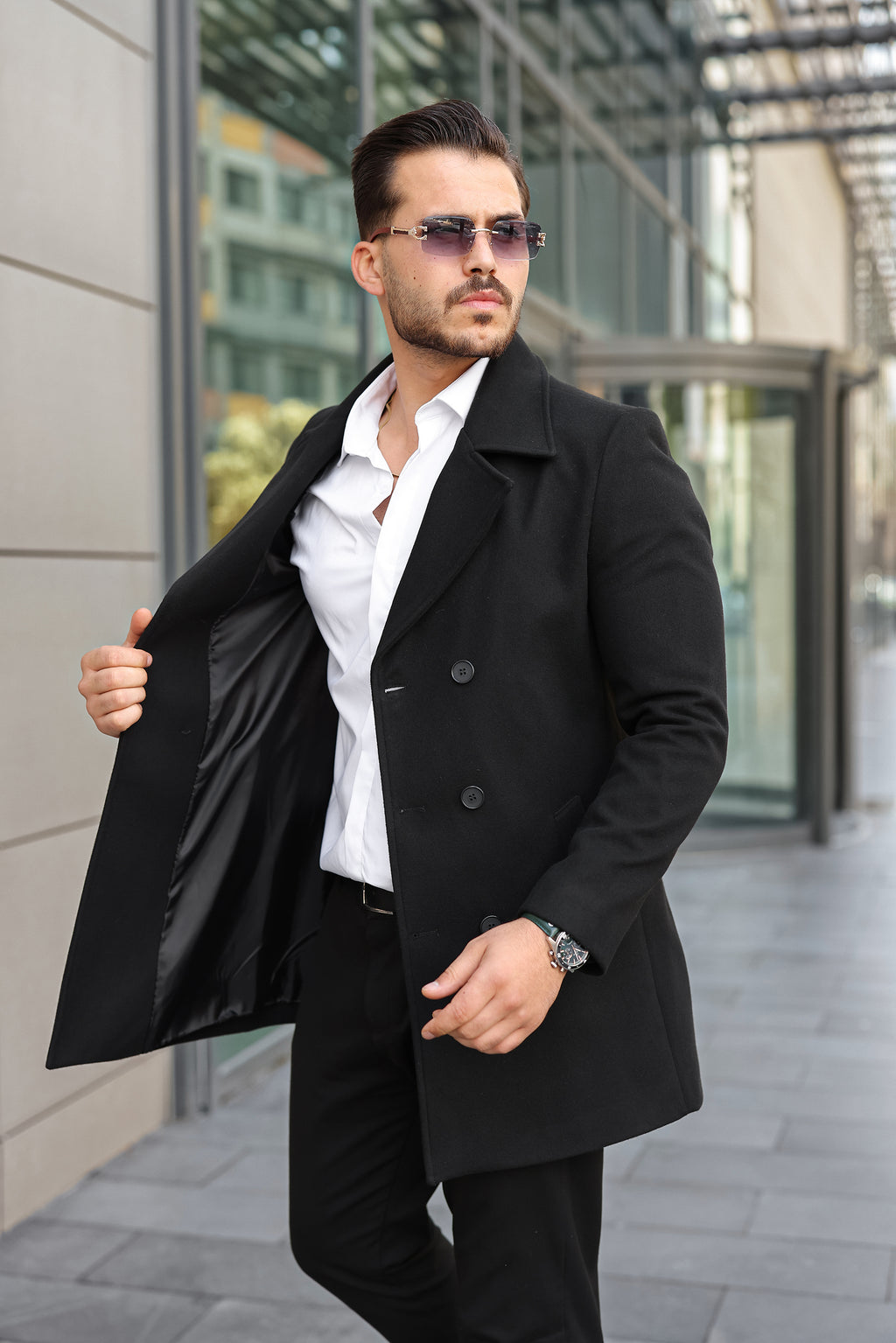 Siyah Erkek Kruvaze Kaşe Kaban - Kod:2511