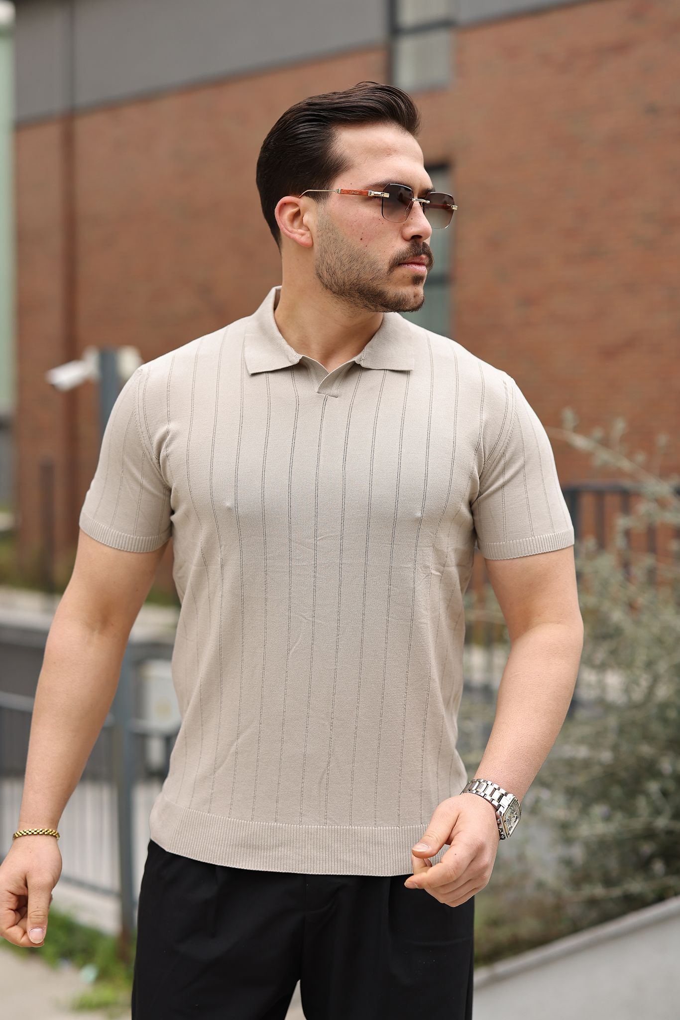 Erkek Polo Yaka Çizgili Triko T-Shirt – Modern Fit