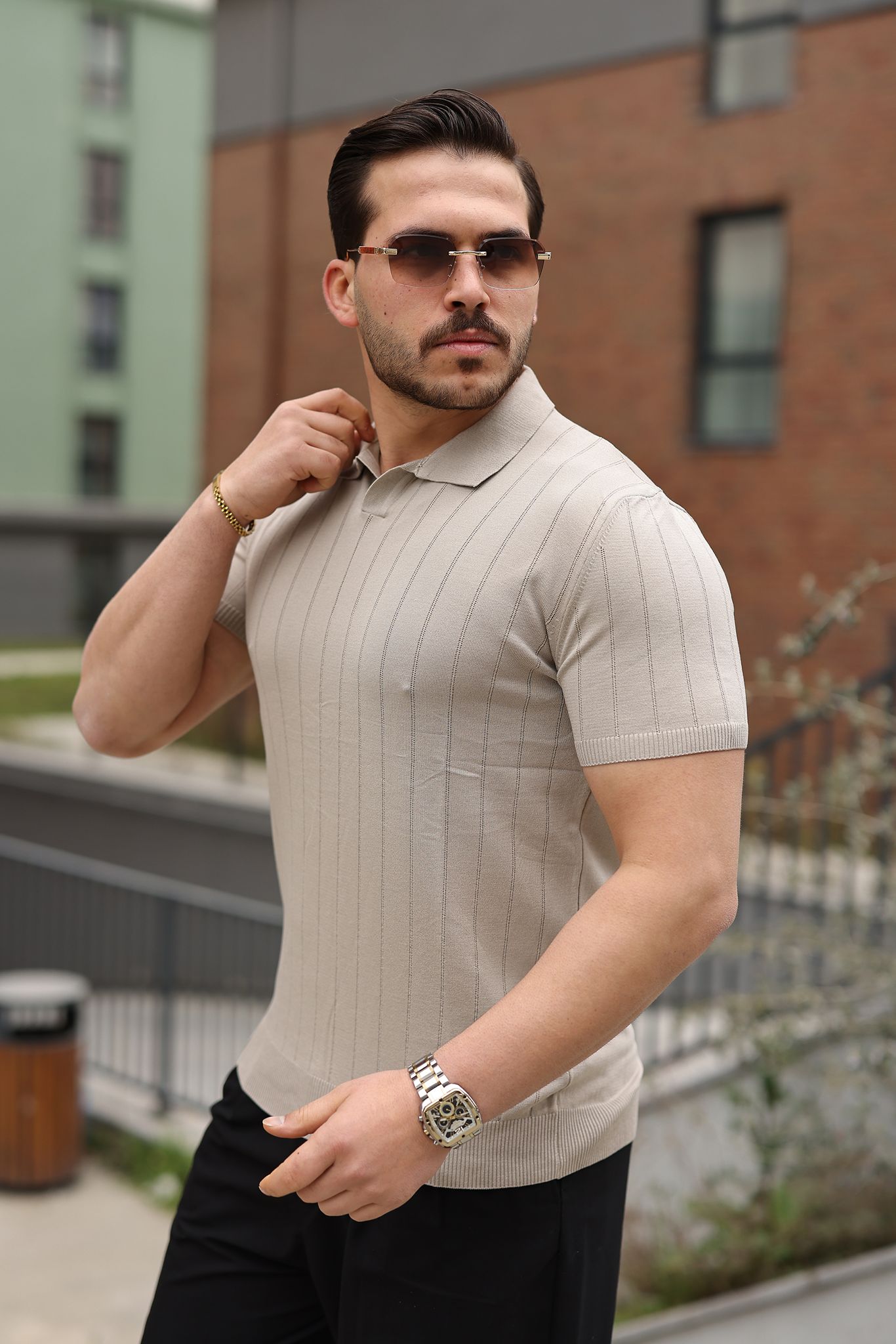 Erkek Polo Yaka Çizgili Triko T-Shirt – Modern Fit