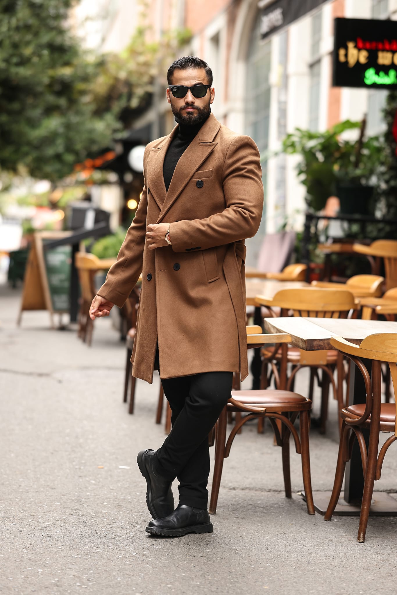 Taba Kemerli Erkek Modern Fit Kaşe Kaban - Kod : 2504