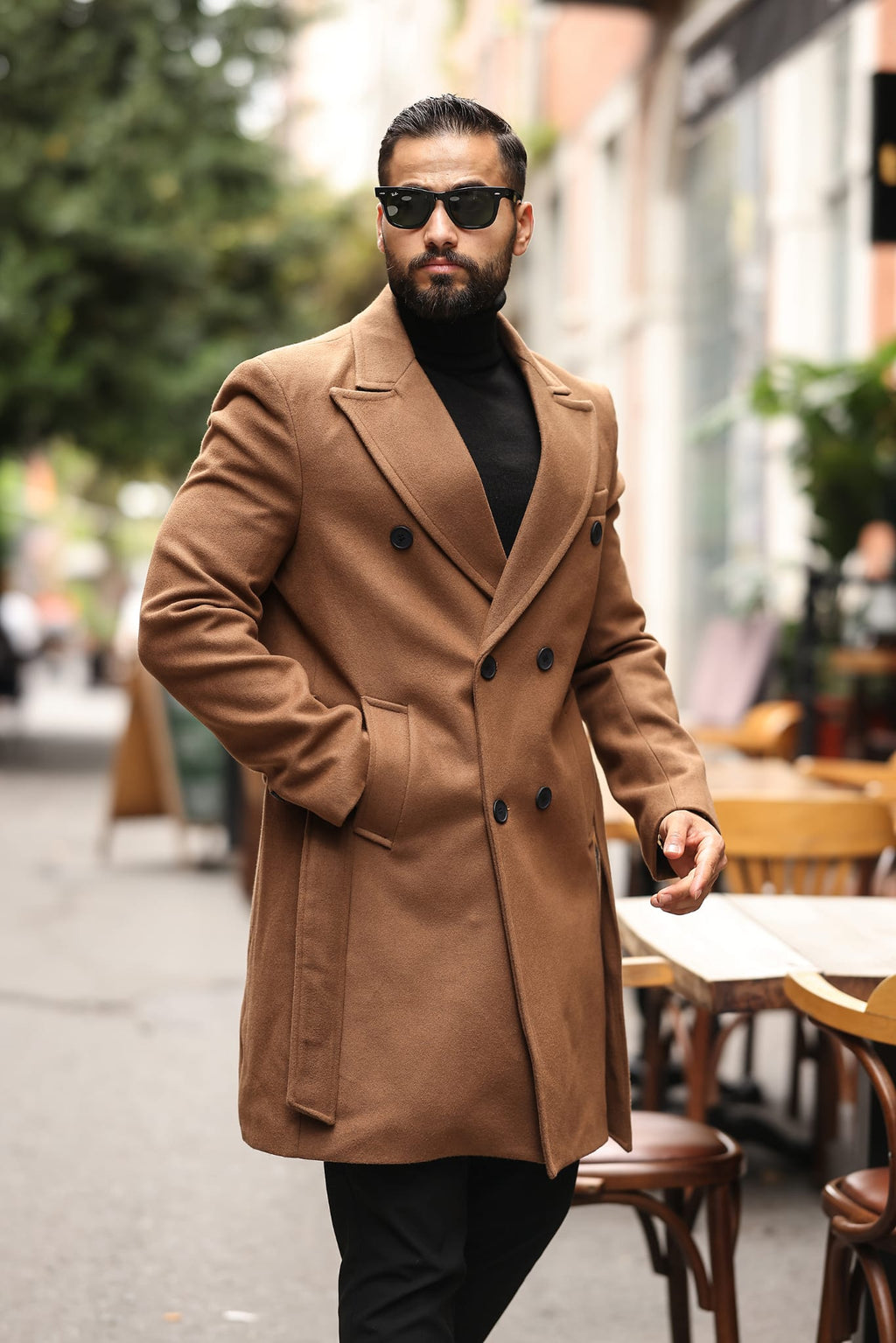 Taba Kemerli Erkek Modern Fit Kaşe Kaban - Kod : 2504