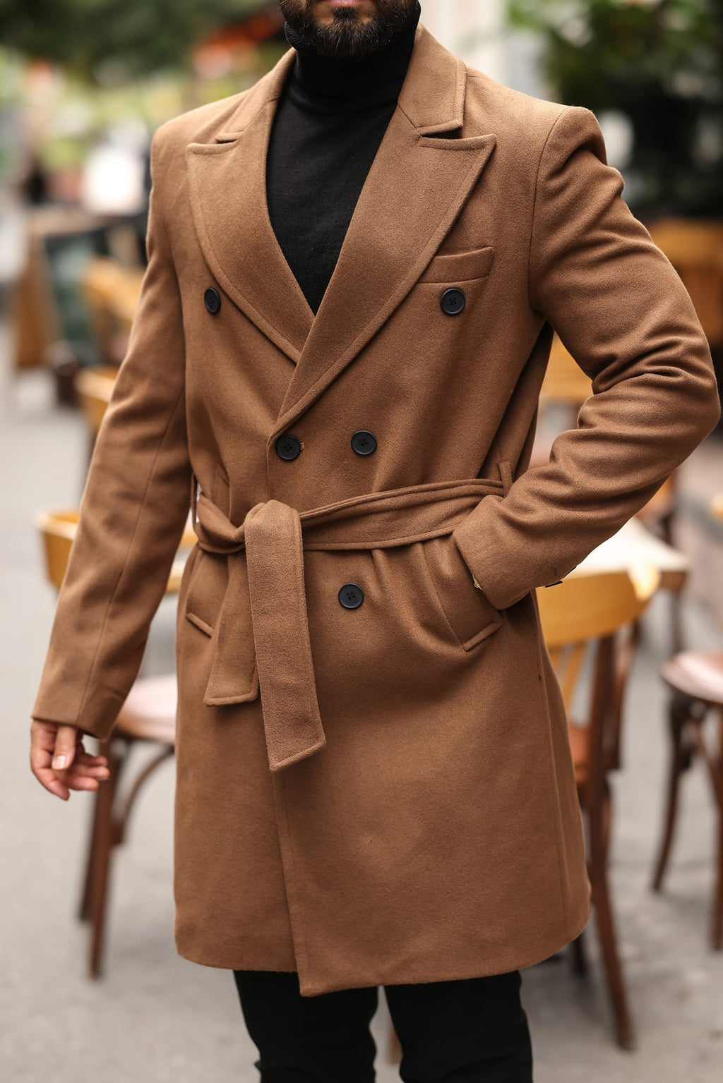 Taba Kemerli Erkek Modern Fit Kaşe Kaban - Kod : 2504