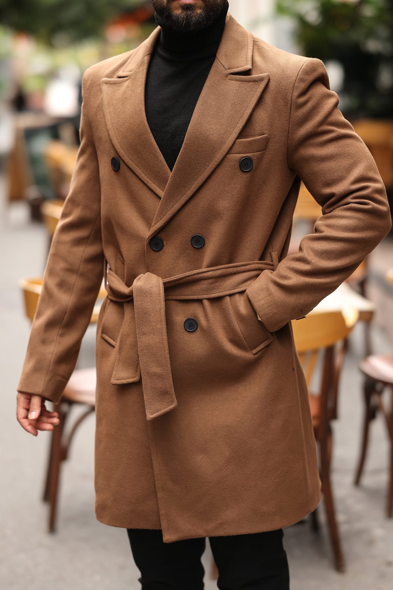 Taba Kemerli Erkek Modern Fit Kaşe Kaban - Kod : 2504