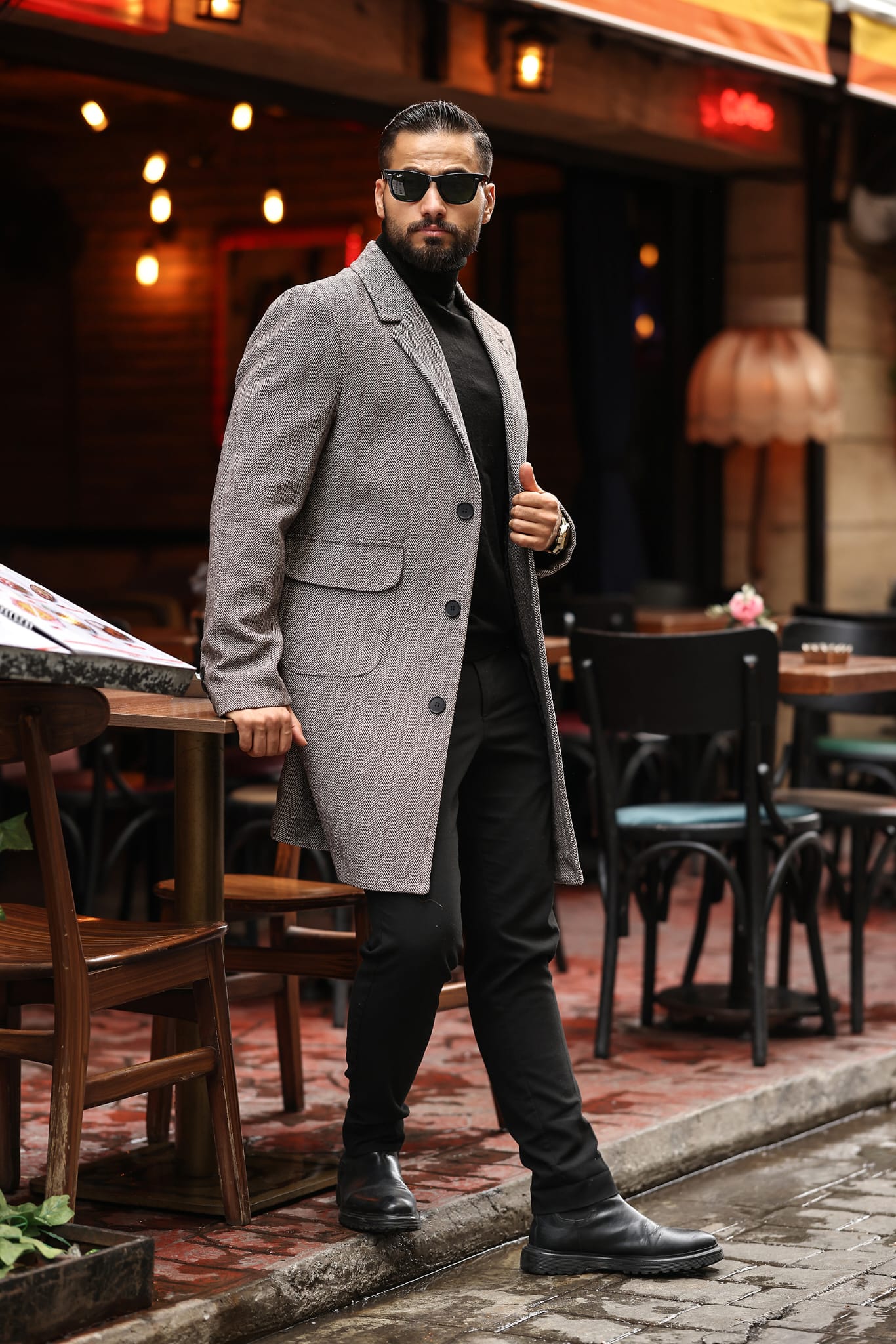 Torba cep Desenli Kahve renk Erkek Kaşe Kaban - Kod : 2506