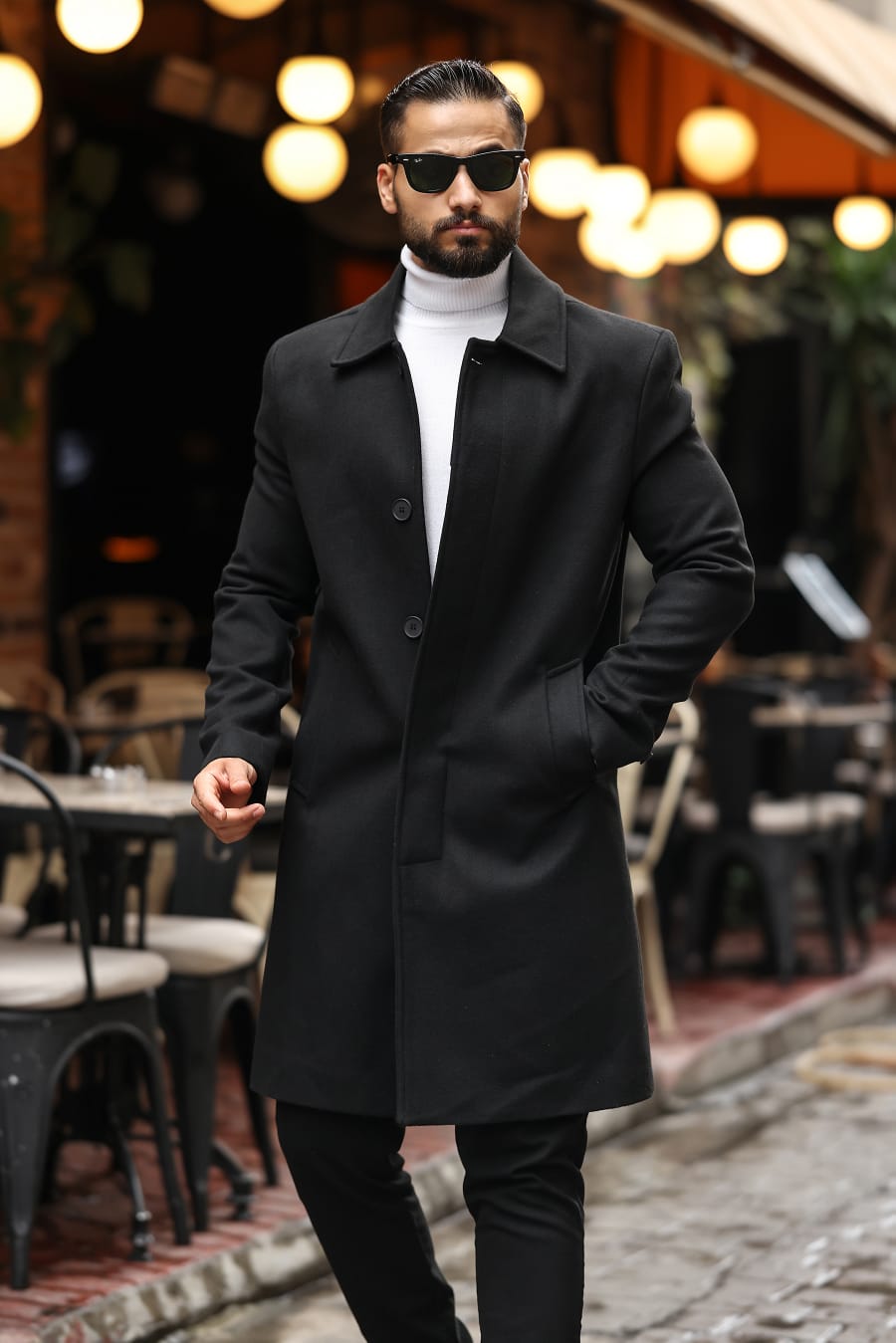 Siyah Erkek Modern Fit Kaşe Kaban - Kod : 2505