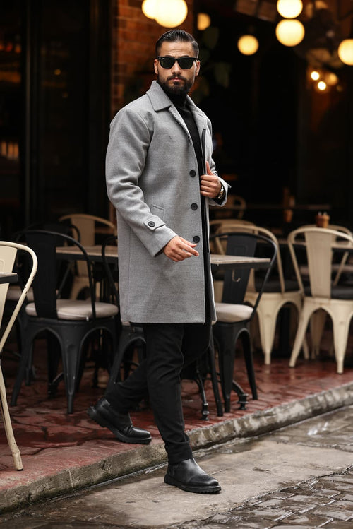 Bebe Yaka, Gizli Düğmeli, Kolda Apoletli Erkek Gri Kaşe Kaban - Kod:2501