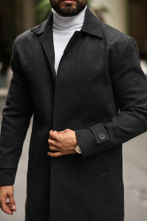 Bebe Yaka, Gizli Düğmeli, Kolda Apoletli Erkek Antrasit Kaşe Kaban - Kod:2501