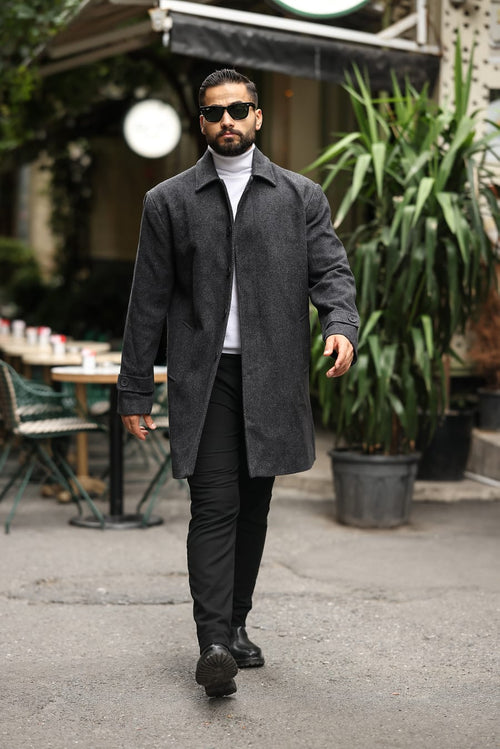 Bebe Yaka, Gizli Düğmeli, Kolda Apoletli  Balık Sırtı Antrasit Erkek Kaşe Kaban - Kod:2501