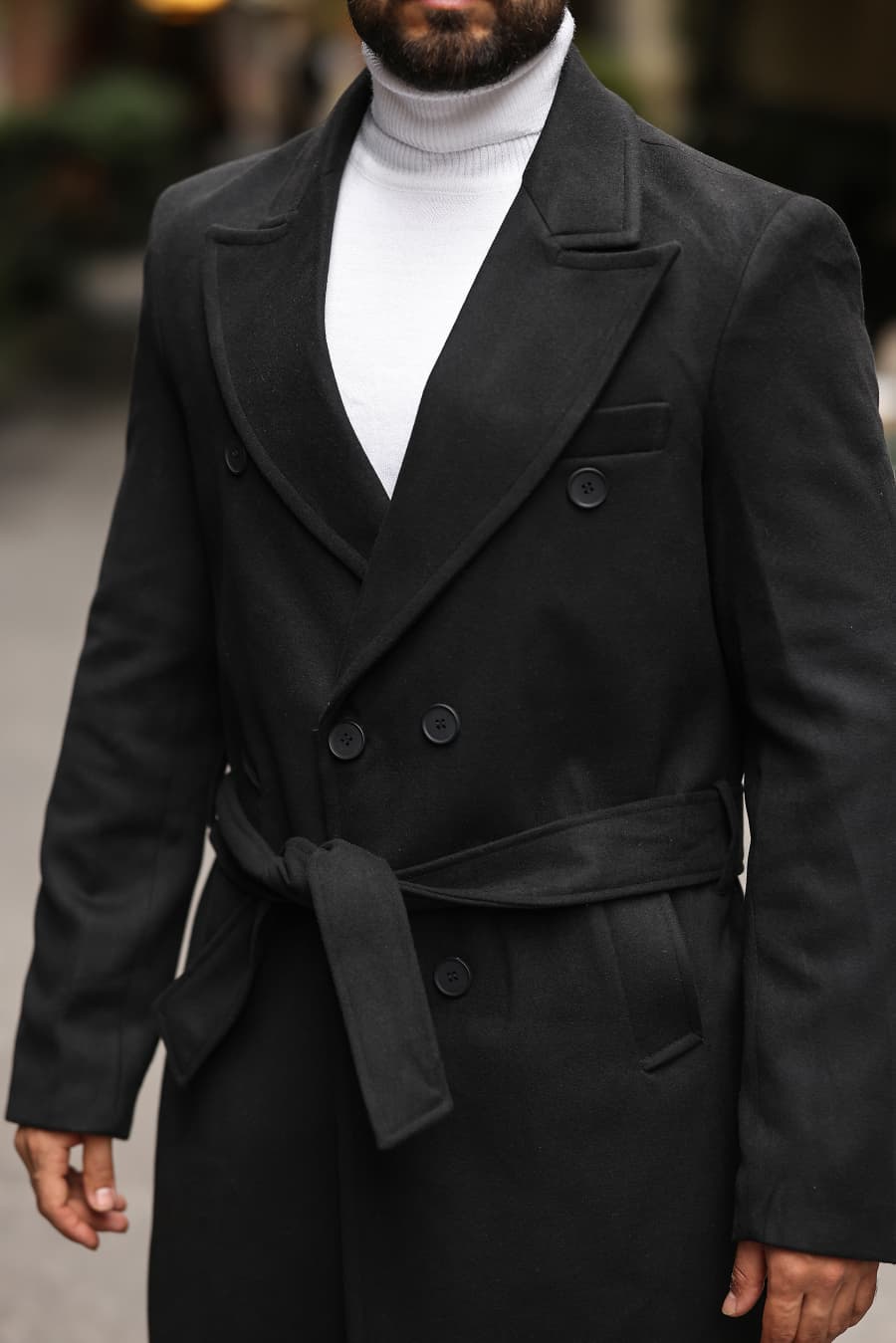 Siyah Kemerli Erkek Modern Fit Kaşe Kaban - Kod : 2504