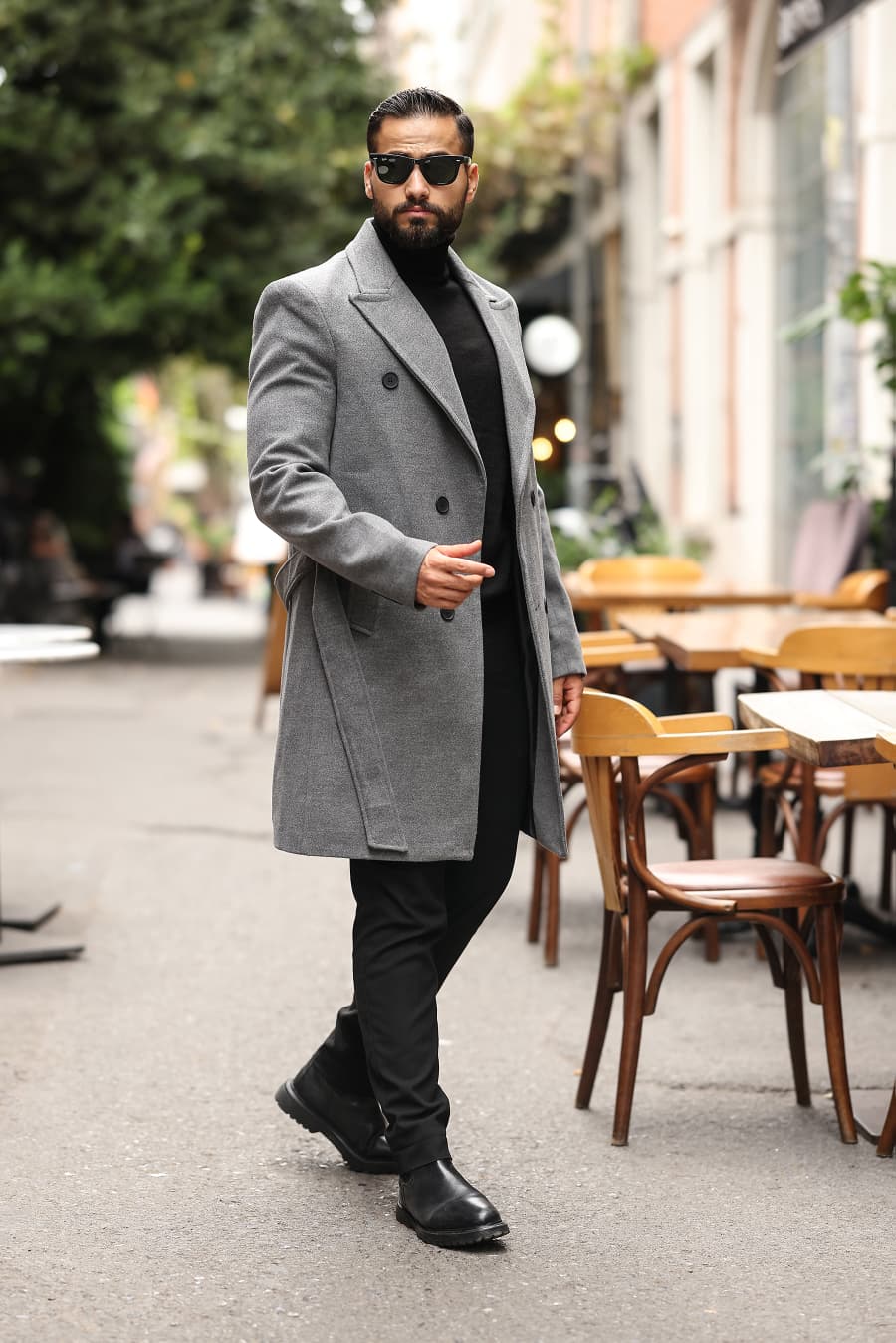 Gri Kemerli Erkek Modern Fit Kaşe Kaban - Kod : 2504