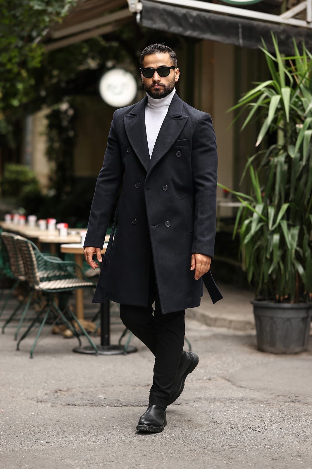 Lacivert Kemerli Erkek Modern Fit Kaşe Kaban - Kod : 2504