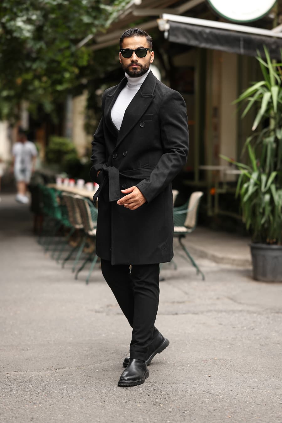 Siyah Kemerli Erkek Modern Fit Kaşe Kaban - Kod : 2504