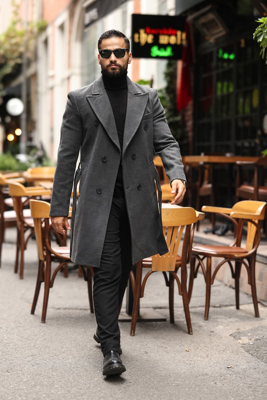 Koyu Gri Kemerli Erkek Modern Fit Kaşe Kaban - Kod : 2504