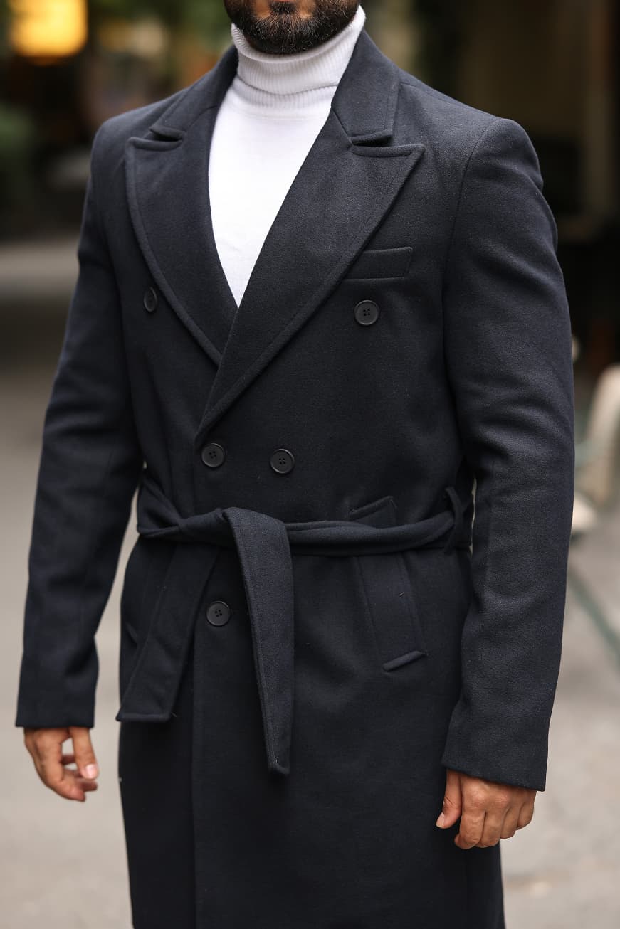 Lacivert Kemerli Erkek Modern Fit Kaşe Kaban - Kod : 2504