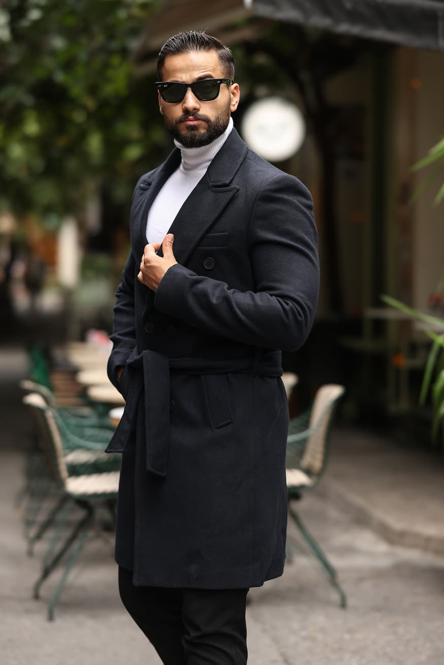 Lacivert Kemerli Erkek Modern Fit Kaşe Kaban - Kod : 2504