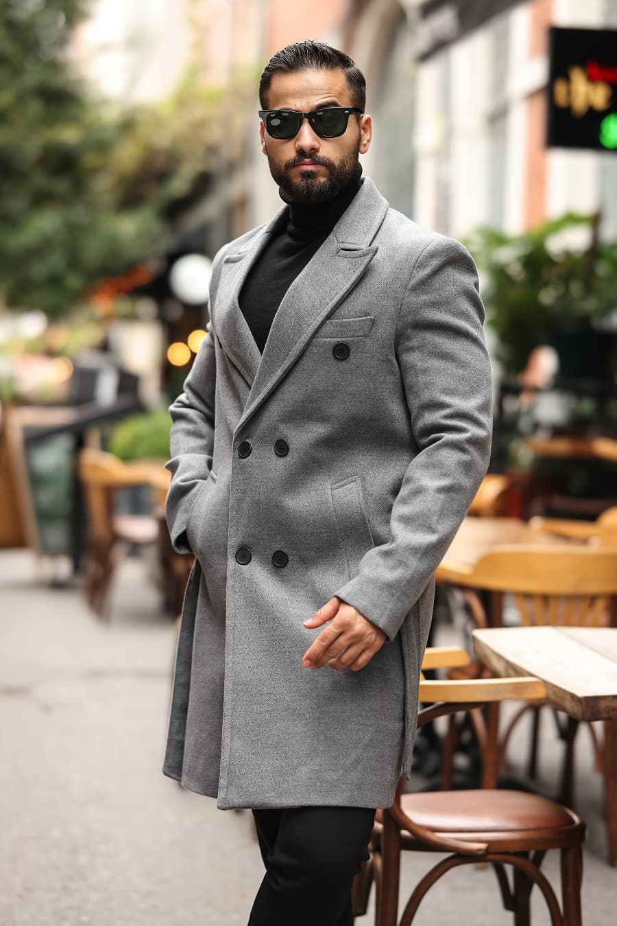 Gri Kemerli Erkek Modern Fit Kaşe Kaban - Kod : 2504