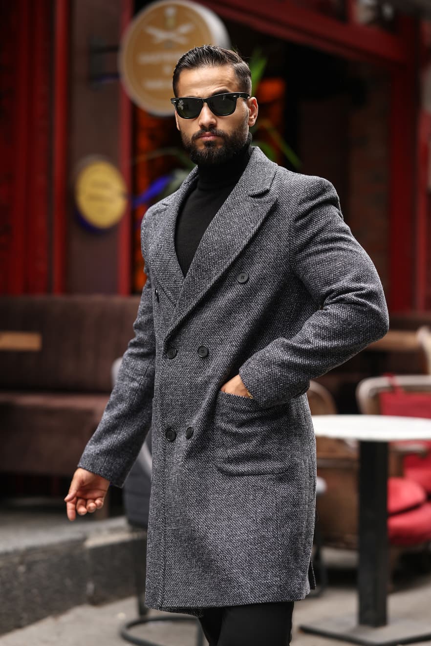 Gri renk  Kuşgözü desenli Erkek Kaşe Kaban - Kod : 2503