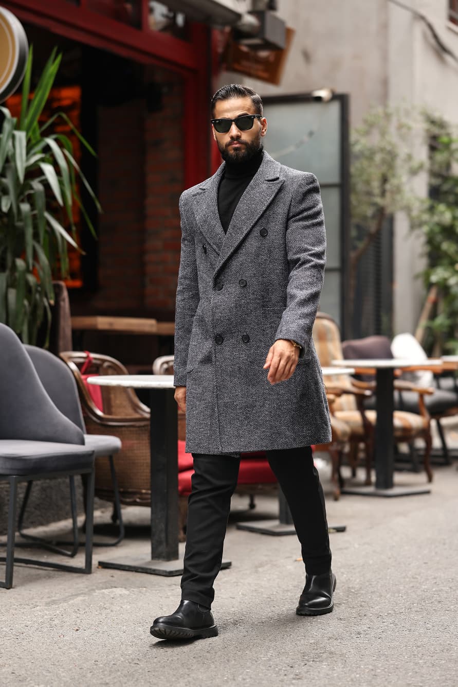 Gri renk  Kuşgözü desenli Erkek Kaşe Kaban - Kod : 2503