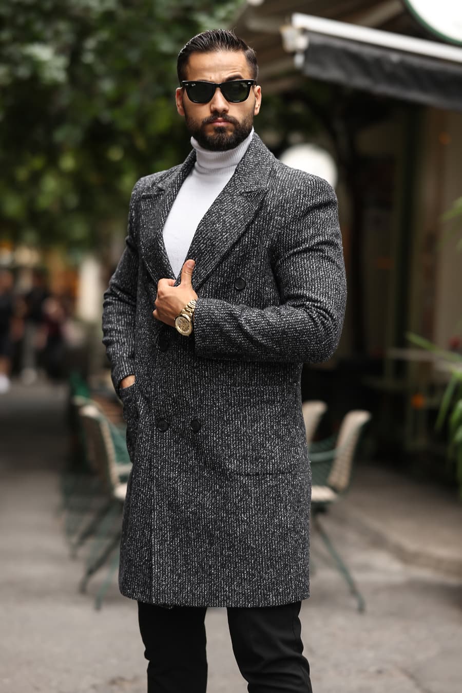 Mulune Siyah-Beyaz Erkek Kaşe Kaban - 2503