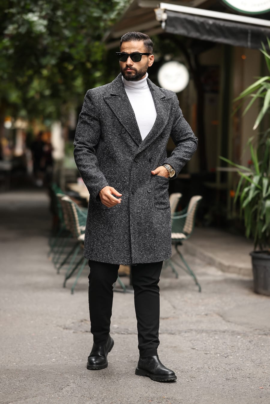 Mulune Siyah-Beyaz Erkek Kaşe Kaban - 2503