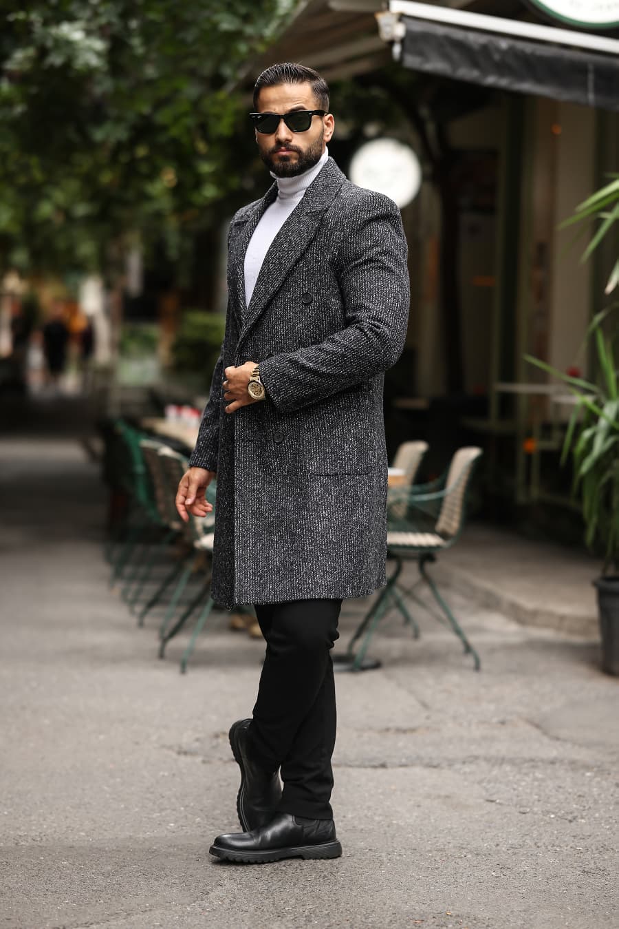 Mulune Siyah-Beyaz Erkek Kaşe Kaban - 2503