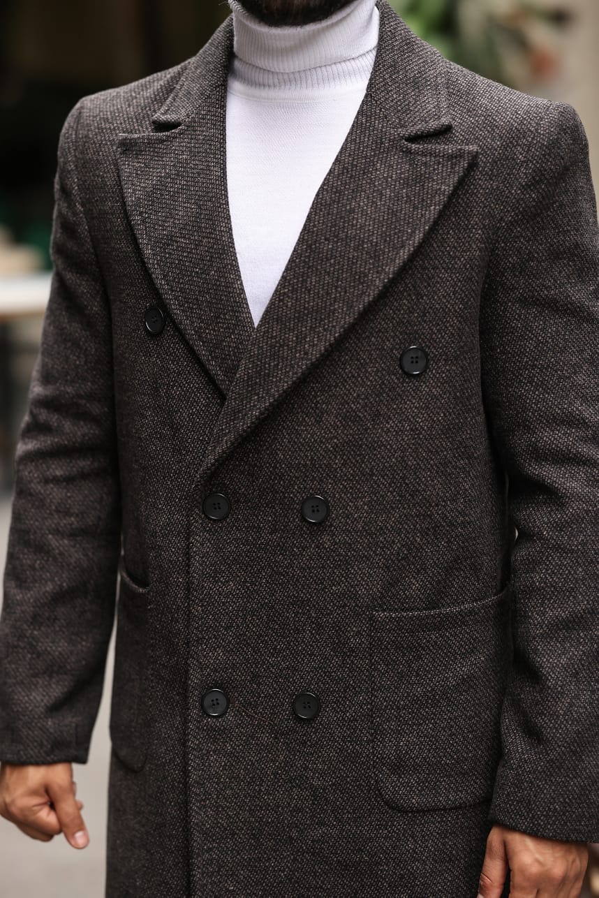 Bej renk Kuş gözü desenli Erkek Kaşe Kaban - Kod : 2503