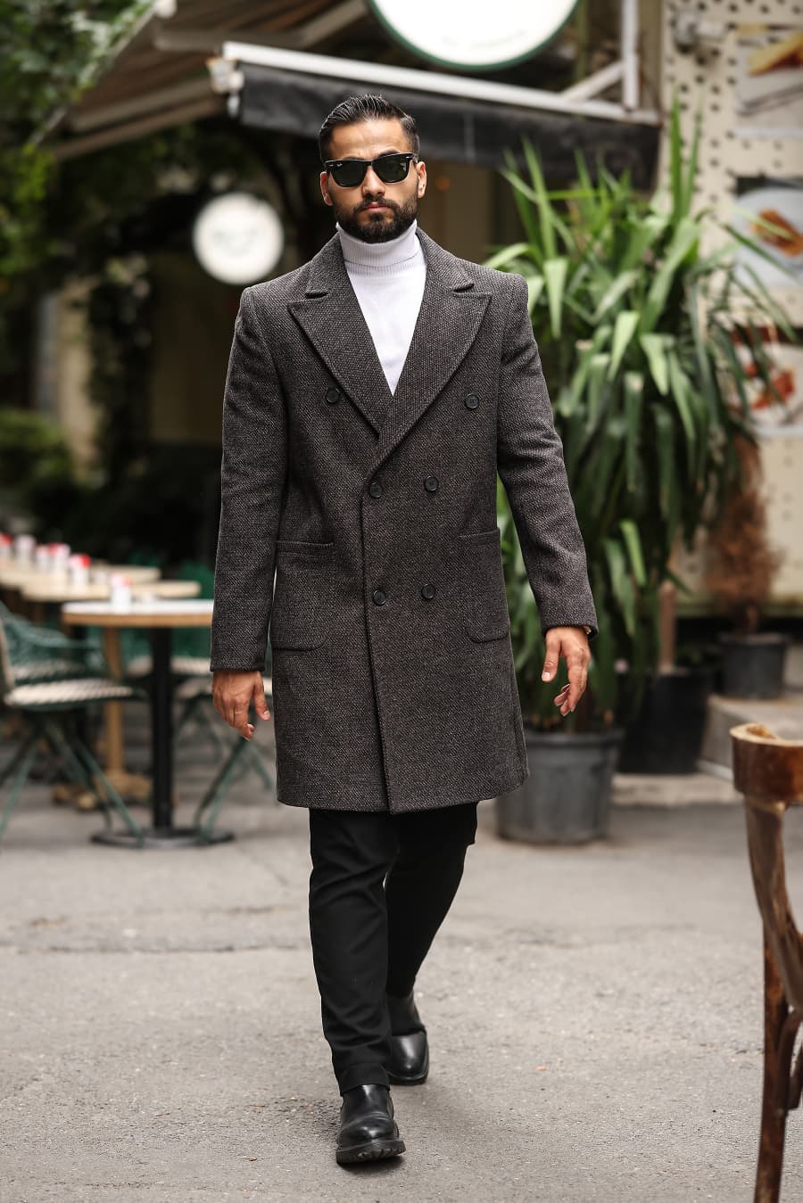 Bej renk Kuş gözü desenli Erkek Kaşe Kaban - Kod : 2503