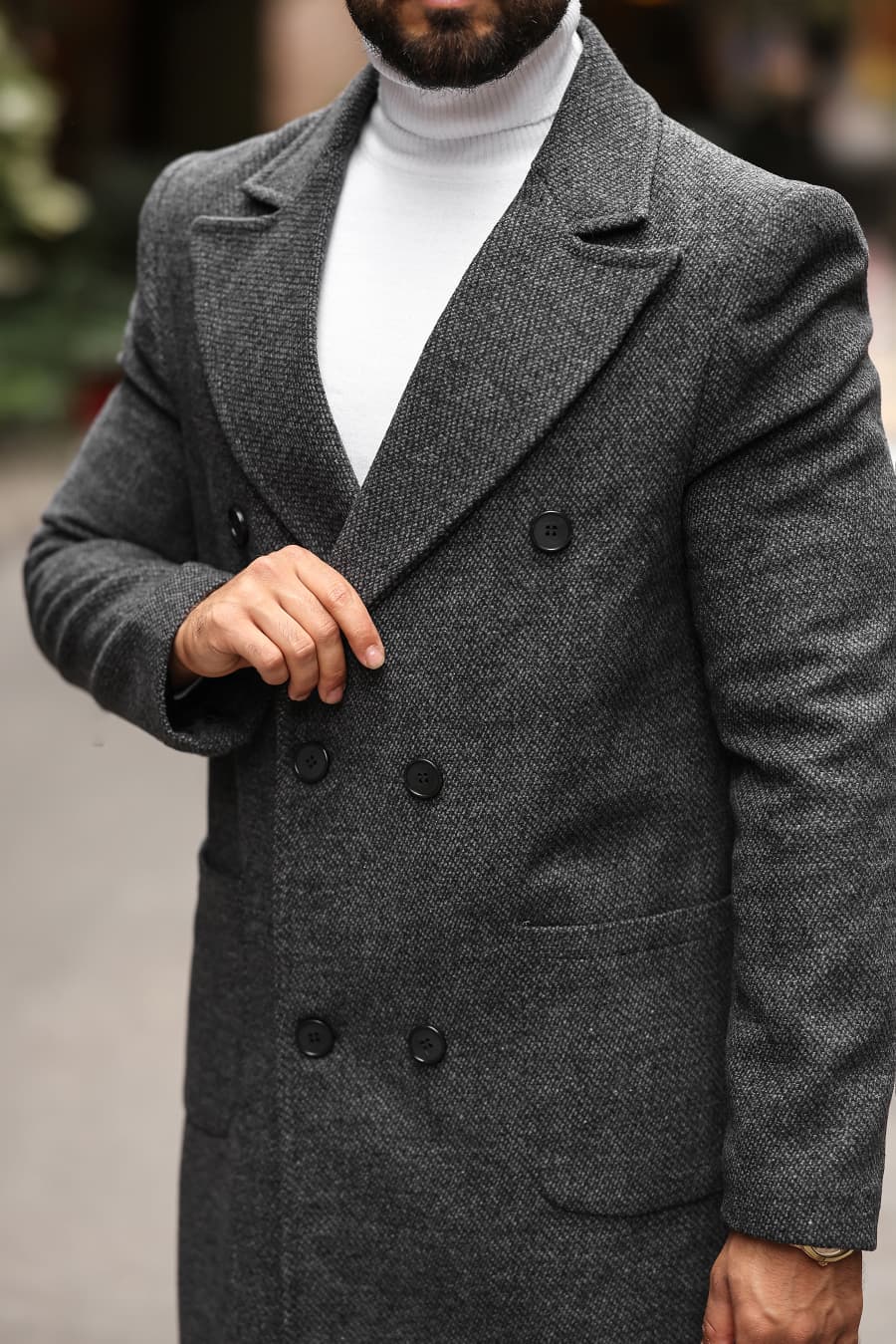 Antrasit renk Kuşgözü desenli Erkek Kaşe Kaban - Kod : 2503